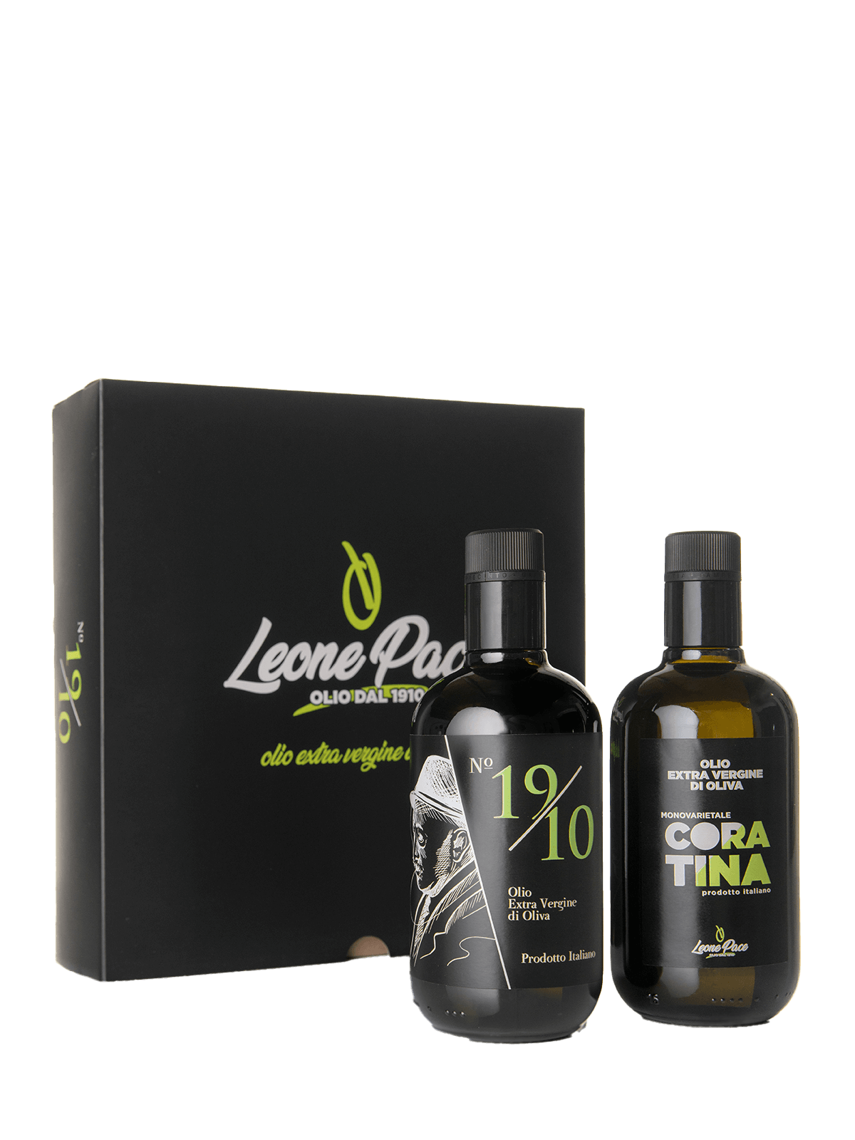Box regalo 2 bottiglie in vetro di Olio Extravergine di Oliva N° 1910 e Monovarietale Coratina, 100% ITALIANO - Prodotto a freddo - Frantoio Leone Pace - Olio EVO superiore